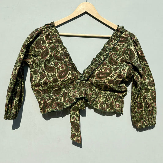 Green Paisley Frill Neck Puff Sleeves Cotton Top - KJ0486 (( Clearance Sale ))