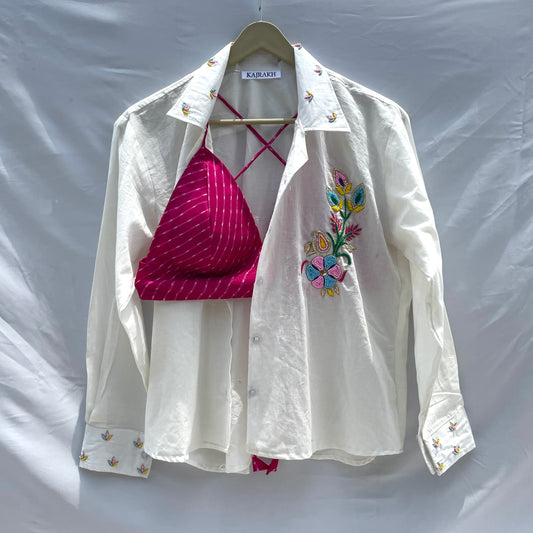 Embroidery Shirt & Pink Lehariya Bra Combo - KJ0151