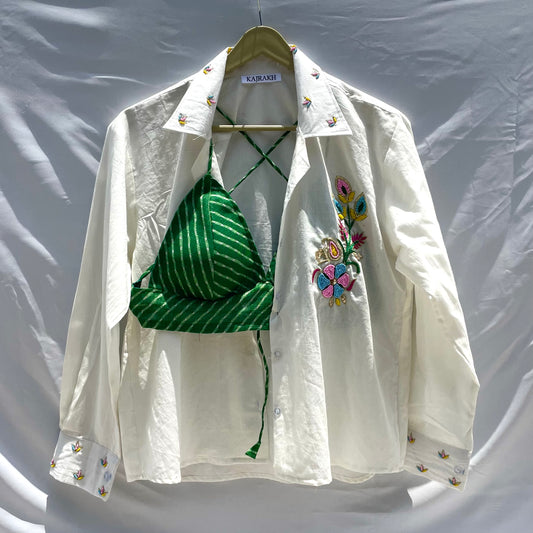 Embroidery Shirt & Green Lehariya Bra Combo - KJ0149