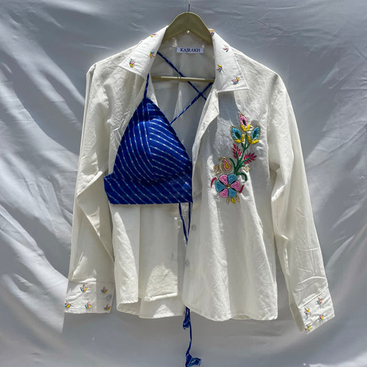 Embroidery Shirt & Blue Lehariya Bra Combo - KJ0150