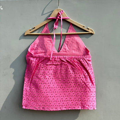 Baby Pink Chikan Hakoba Halter Neck Cotton Top - KJ0480