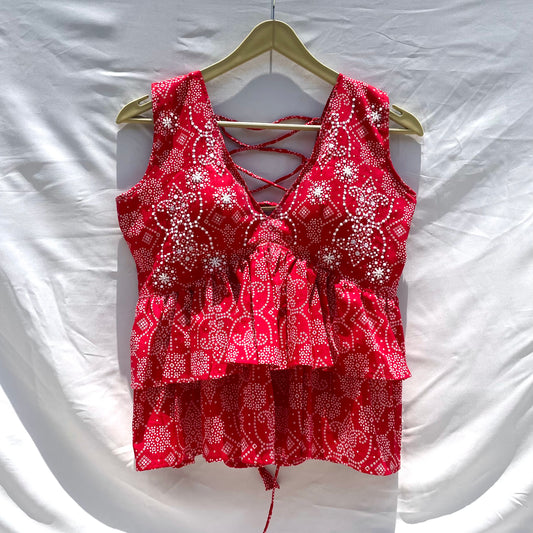 Red Bandej Embroidery Double Frill Criss Cross Top - KJ0153