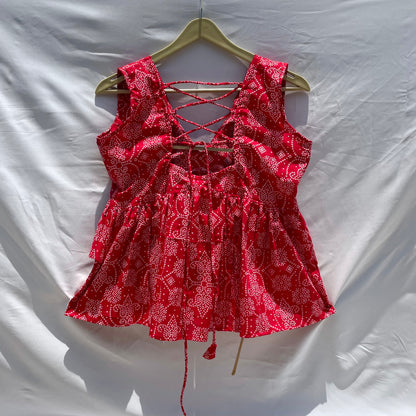 Red Bandej Embroidery Double Frill Criss Cross Top - KJ0153