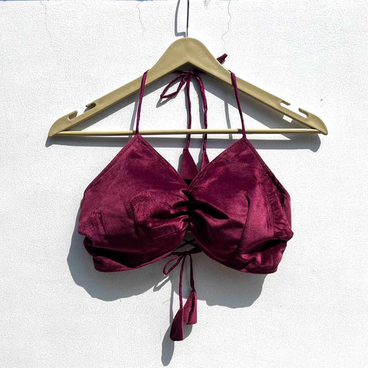 Wine Cotton Velvet Criss Cross Bralette - KJ0511