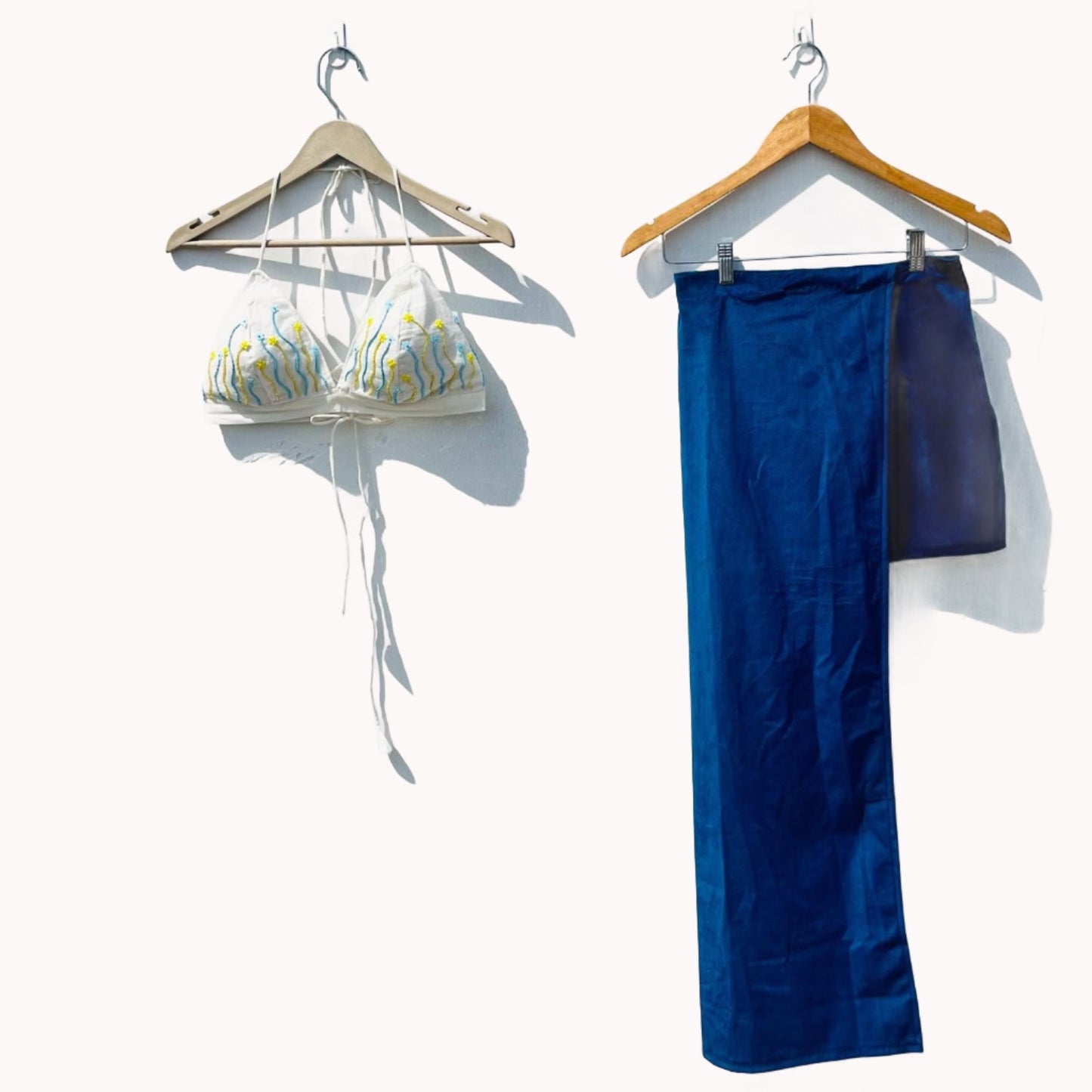 White Blue Yellow Handwork Bra and Blue Cotton Velvet Long Skirt Coord Set - KJ0504