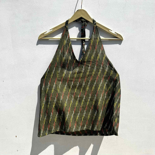 Olive Green Ikat Halter Neck Cotton Top- KJ0570 (( Clearance Sale ))