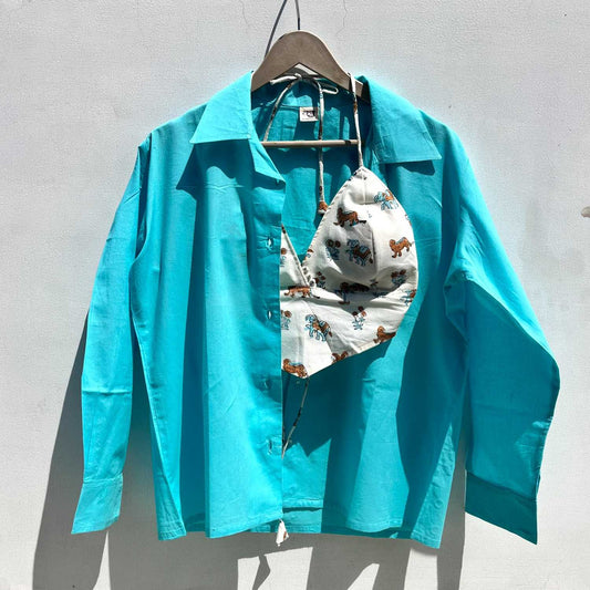 Blue Cotton Shirt & Summery Animal Bra Combo - KJ0586