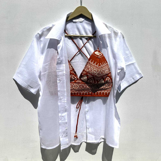 White Mul Shirt & Rust Orange Bra Combo - KJ0578