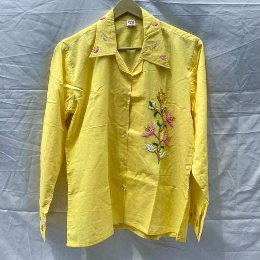 Yellow Pink Hand Embroidery Cotton Shirt - KJ0410