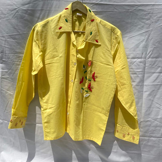 Yellow Red Hand Embroidery Cotton Shirt - KJ0409
