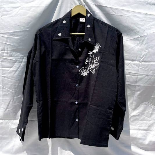 Black Hand Embroidery Cotton Shirt - KJ0408