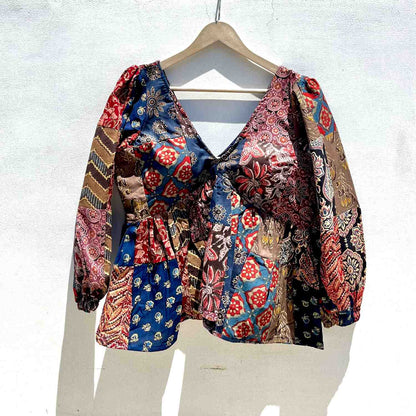 Multicolor and Brown Bagru Patch Deep Neck Full Puff Sleeves Cotton Top