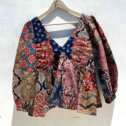 Multicolor and Brown Bagru Patch Deep Neck Full Puff Sleeves Cotton Top