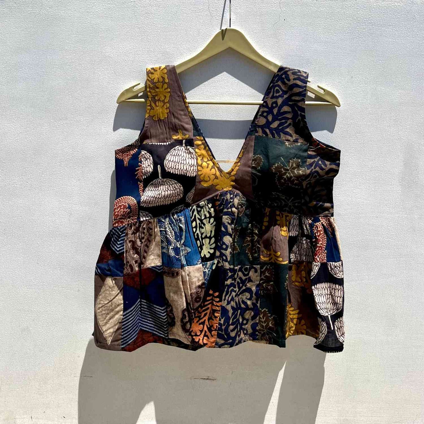 Dark Multicolor Baghru Patch Deep Neck Cut Sleeves Cotton Top