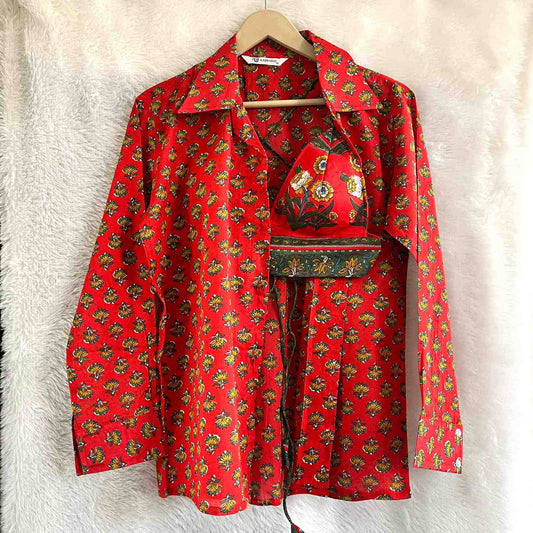 Red Butti Mul Shirt & Bra Combo - KJ0614
