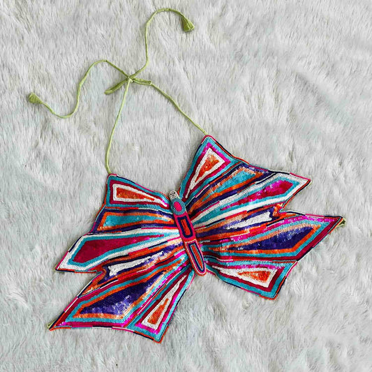 Multicolor Sequin Handwork Butterfly Cotton Top - KJ0628