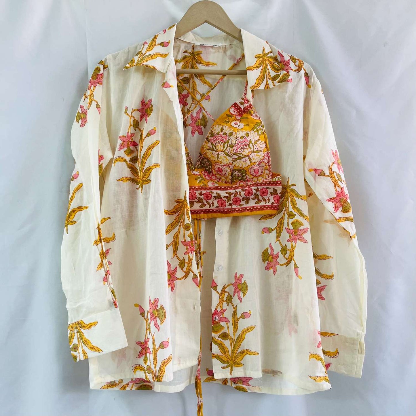 Off White Yellow Big Floral Print Mul Shirt & Bra Combo - KJ0657 (( Clearance Sale ))