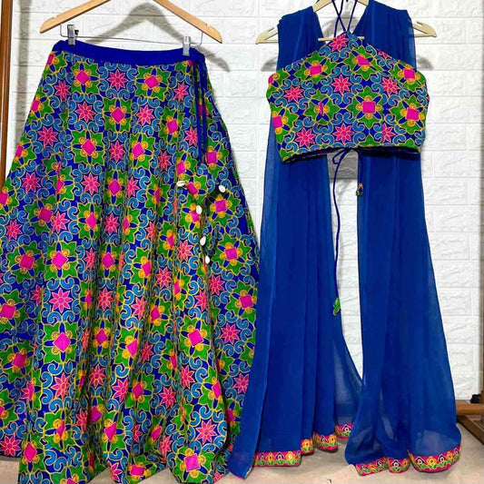 Blue Multicolor Gujrati Blouse , Dupptta and Lehanga - KJ0679