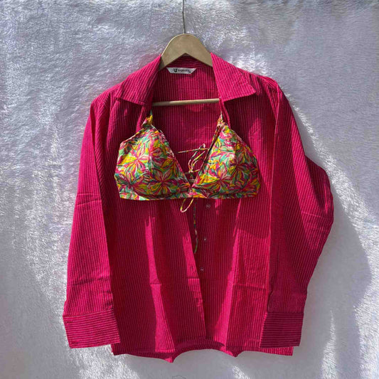 Pink Kantha Shirt and Multicolor Frill Bra Combo - KJ10382