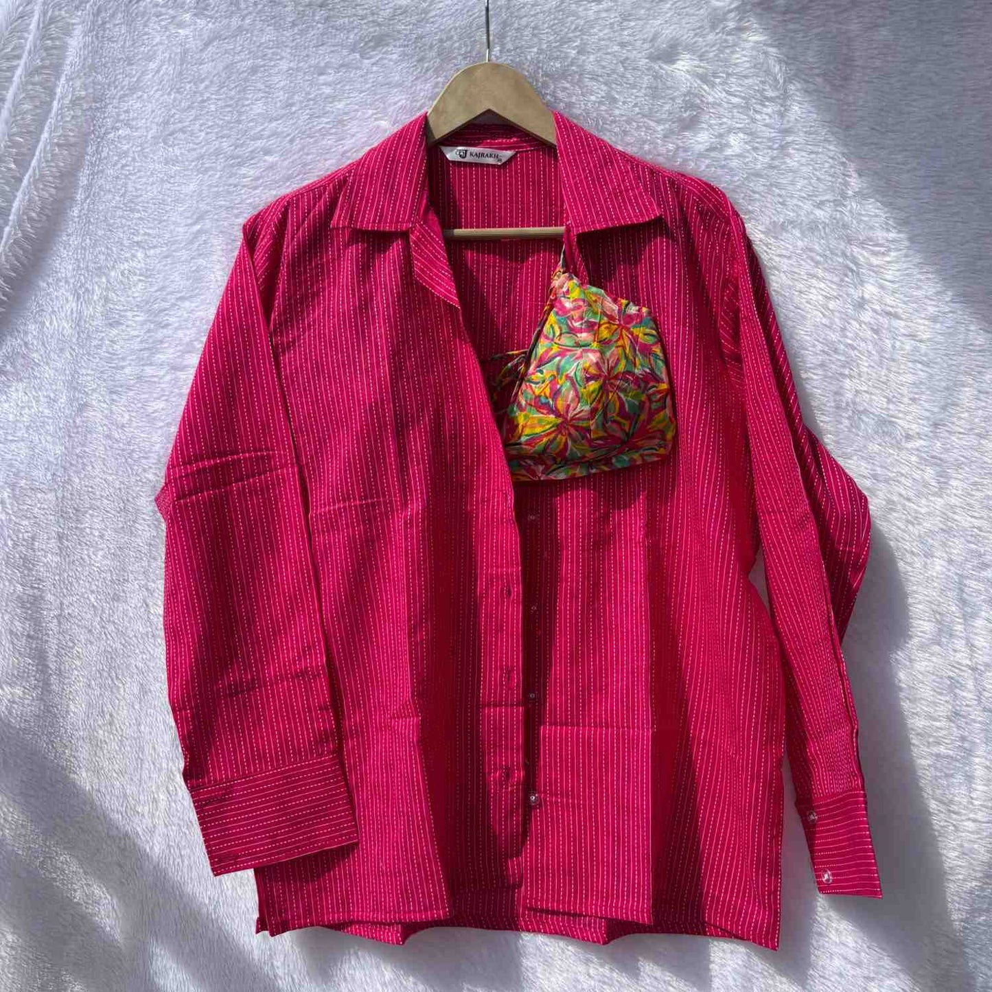 Pink Kantha Shirt and Multicolor Frill Bra Combo - KJ10382