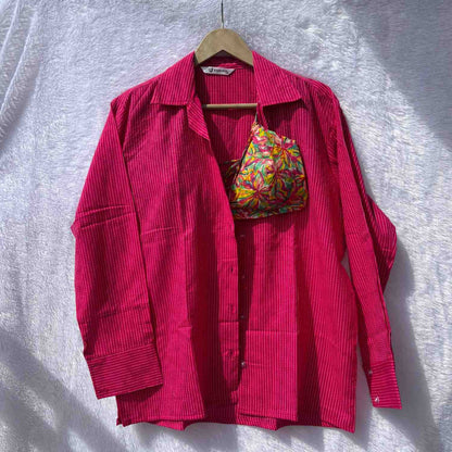 Pink Kantha Shirt and Multicolor Frill Bra Combo - KJ10382