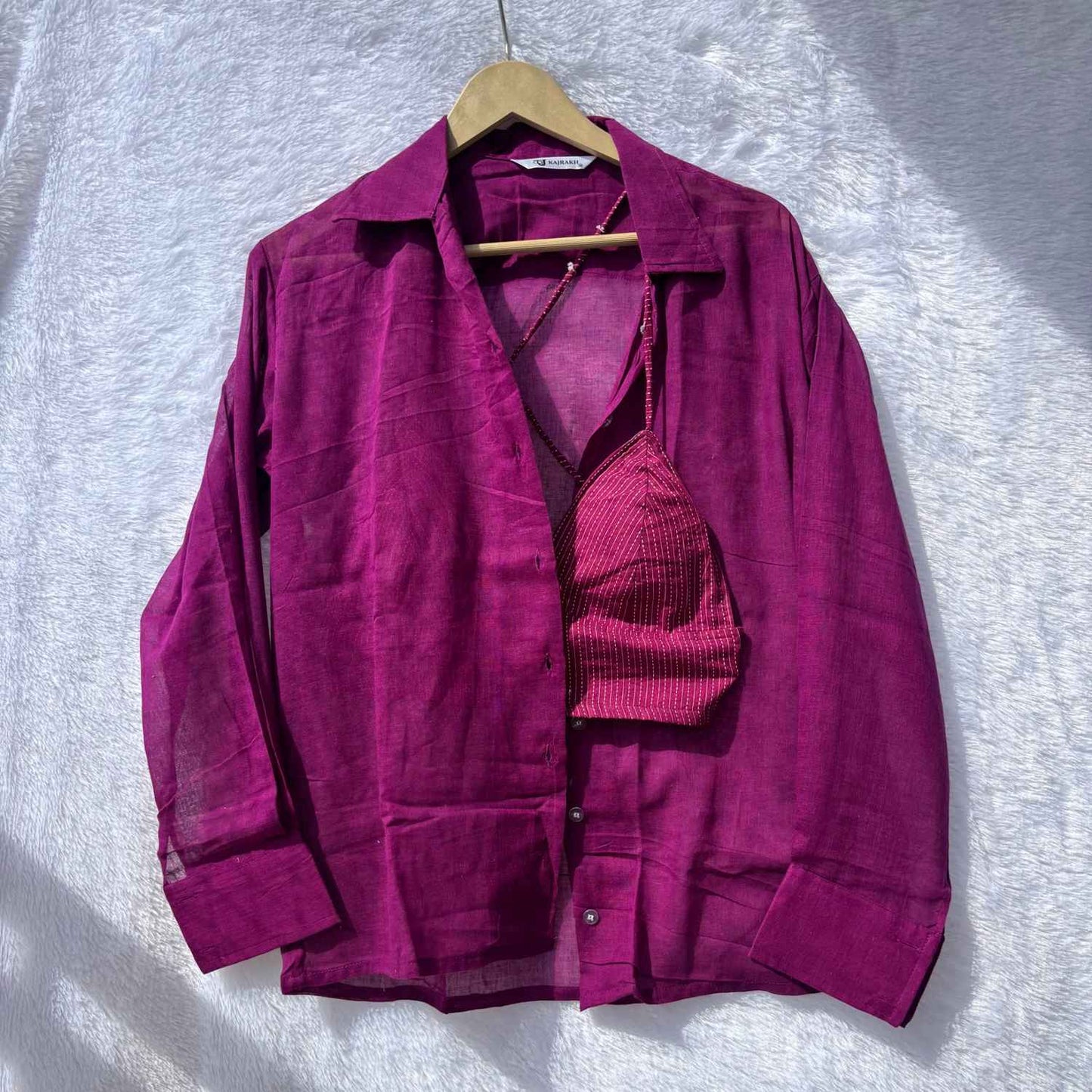 Wine Mul Shirt and Pink Kantha Bra Combo - KJ10384