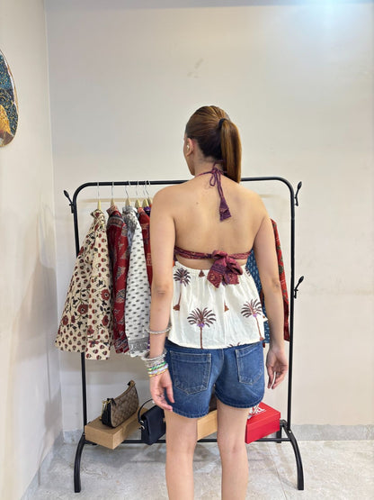 Wine - Off White Back Knot Tree Removable Padded Top - KJ10430