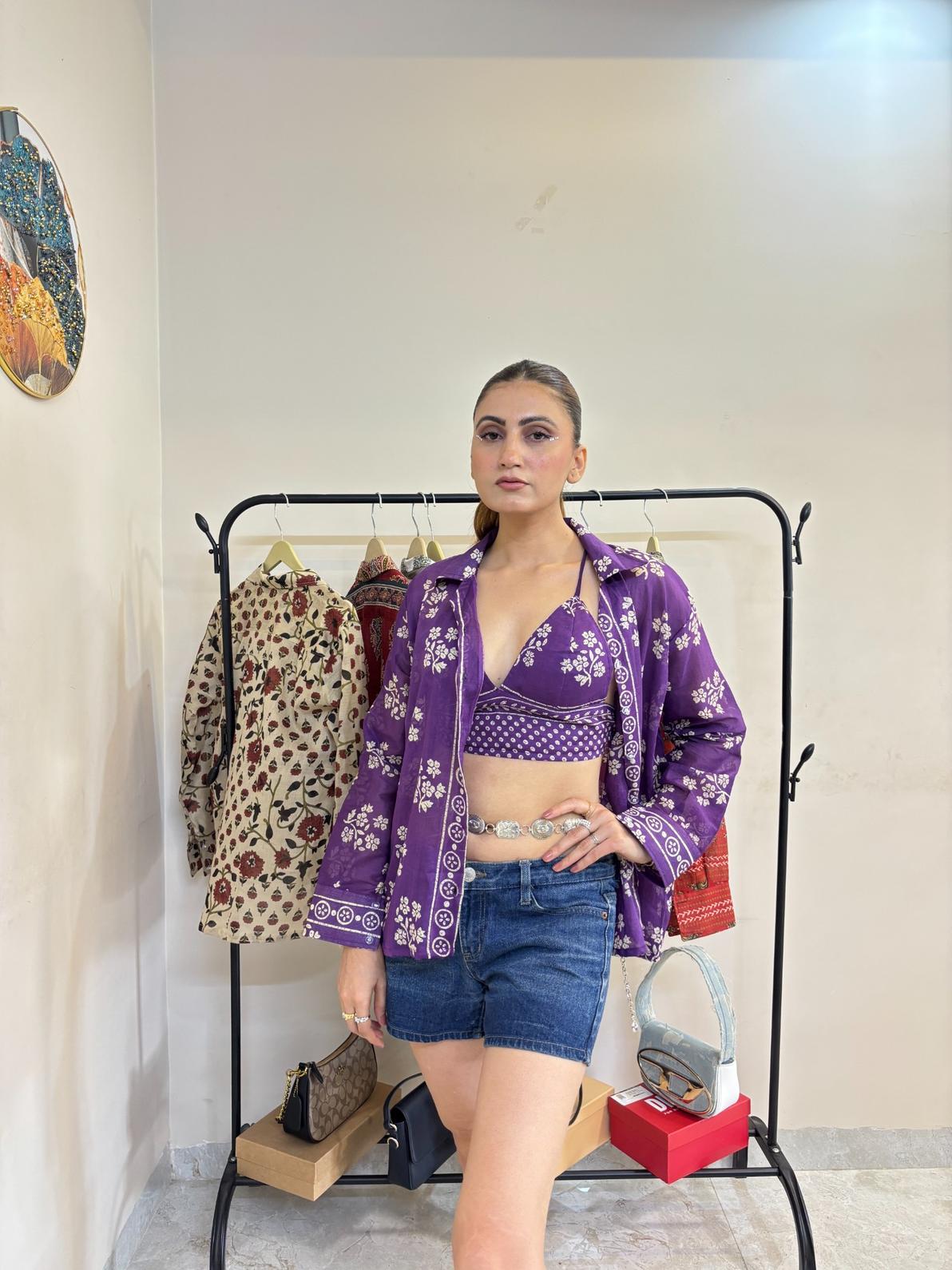 Purple Floral Mul Shirt and Bra Combo - KJ10459