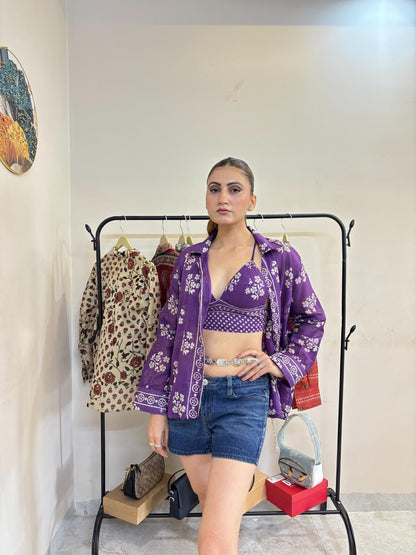 Purple Floral Mul Shirt and Bra Combo - KJ10459