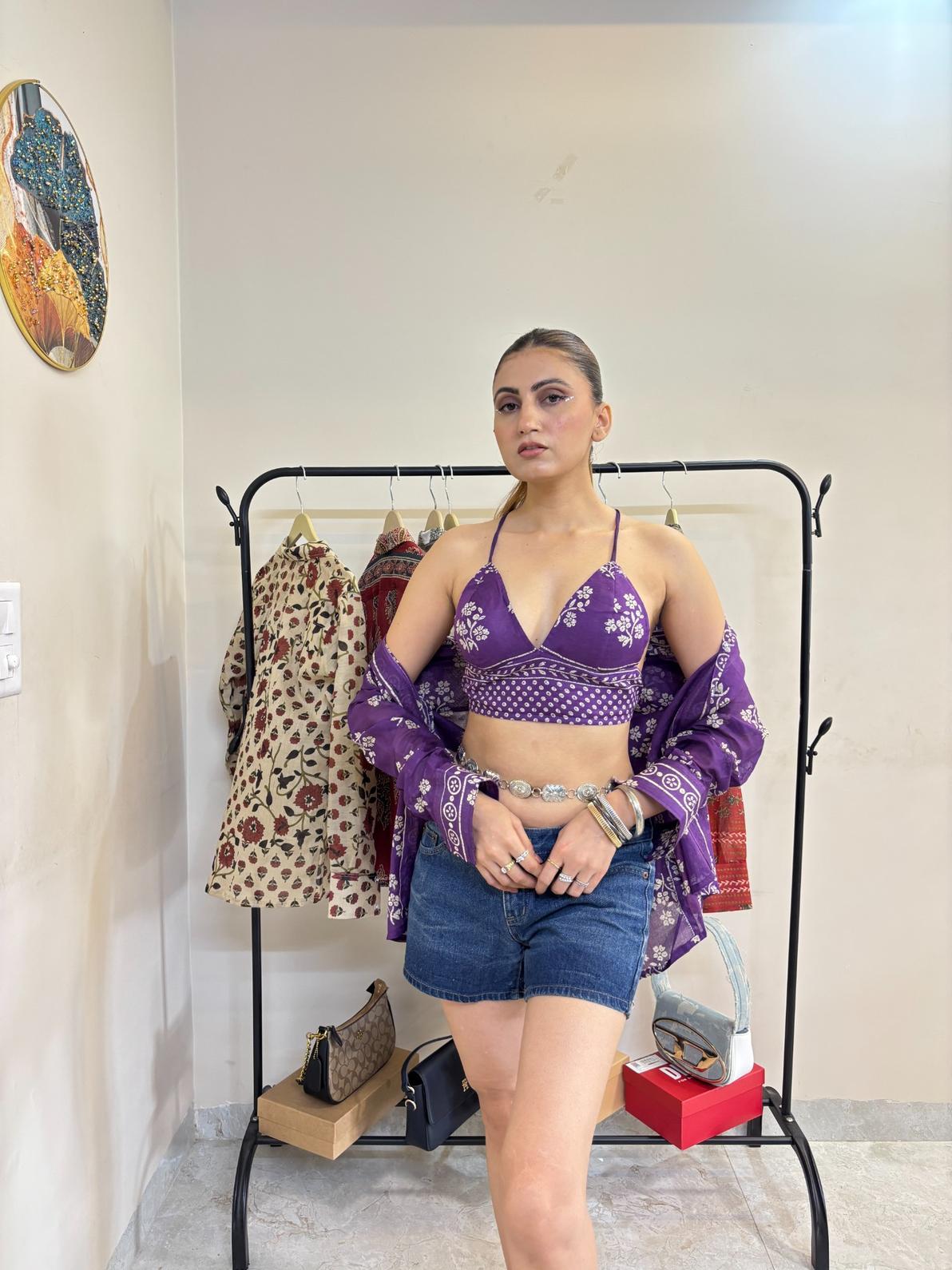 Purple Floral Mul Shirt and Bra Combo - KJ10459