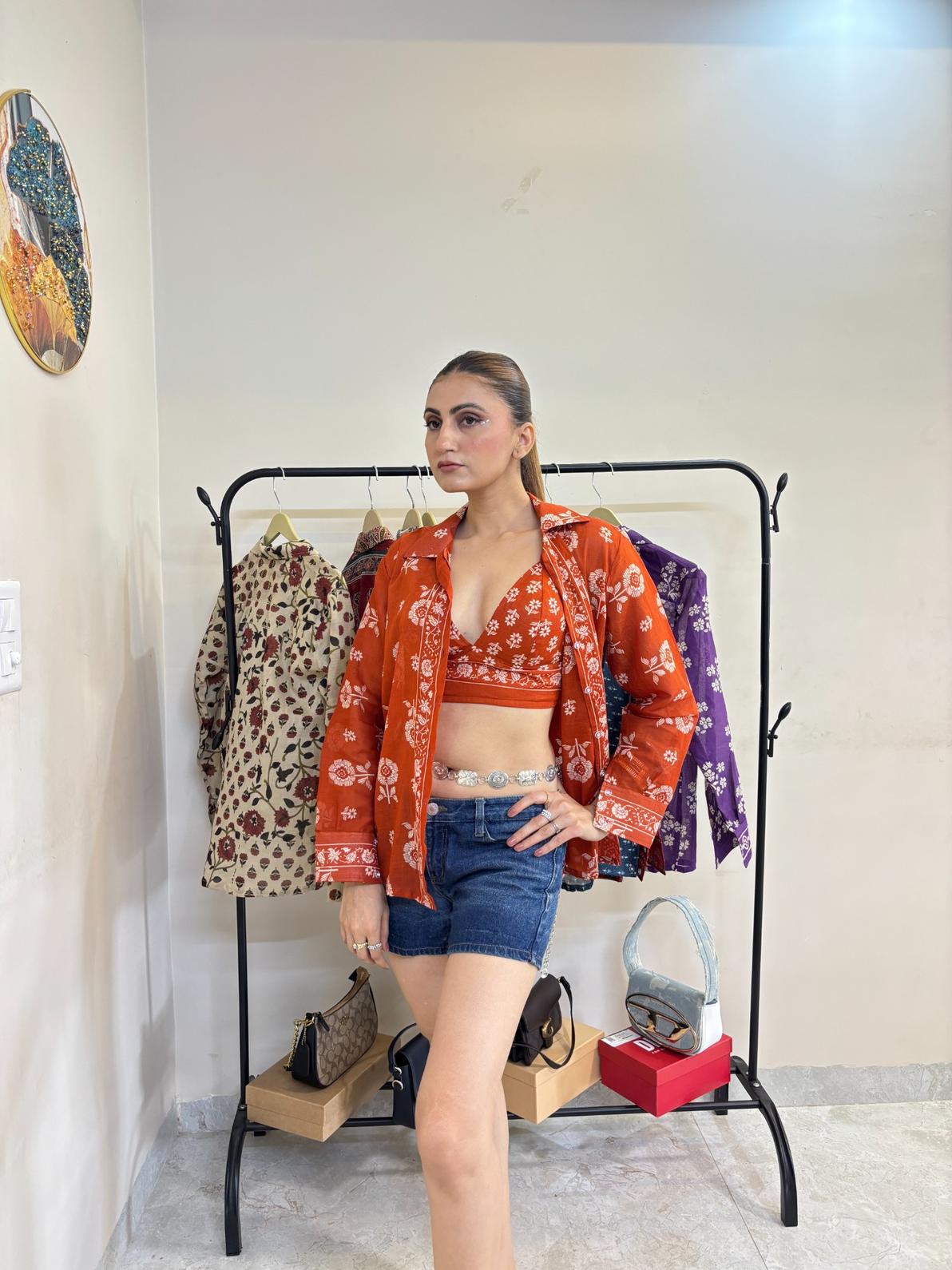 Orange Floral Mul Shirt and Bra Combo - KJ10458