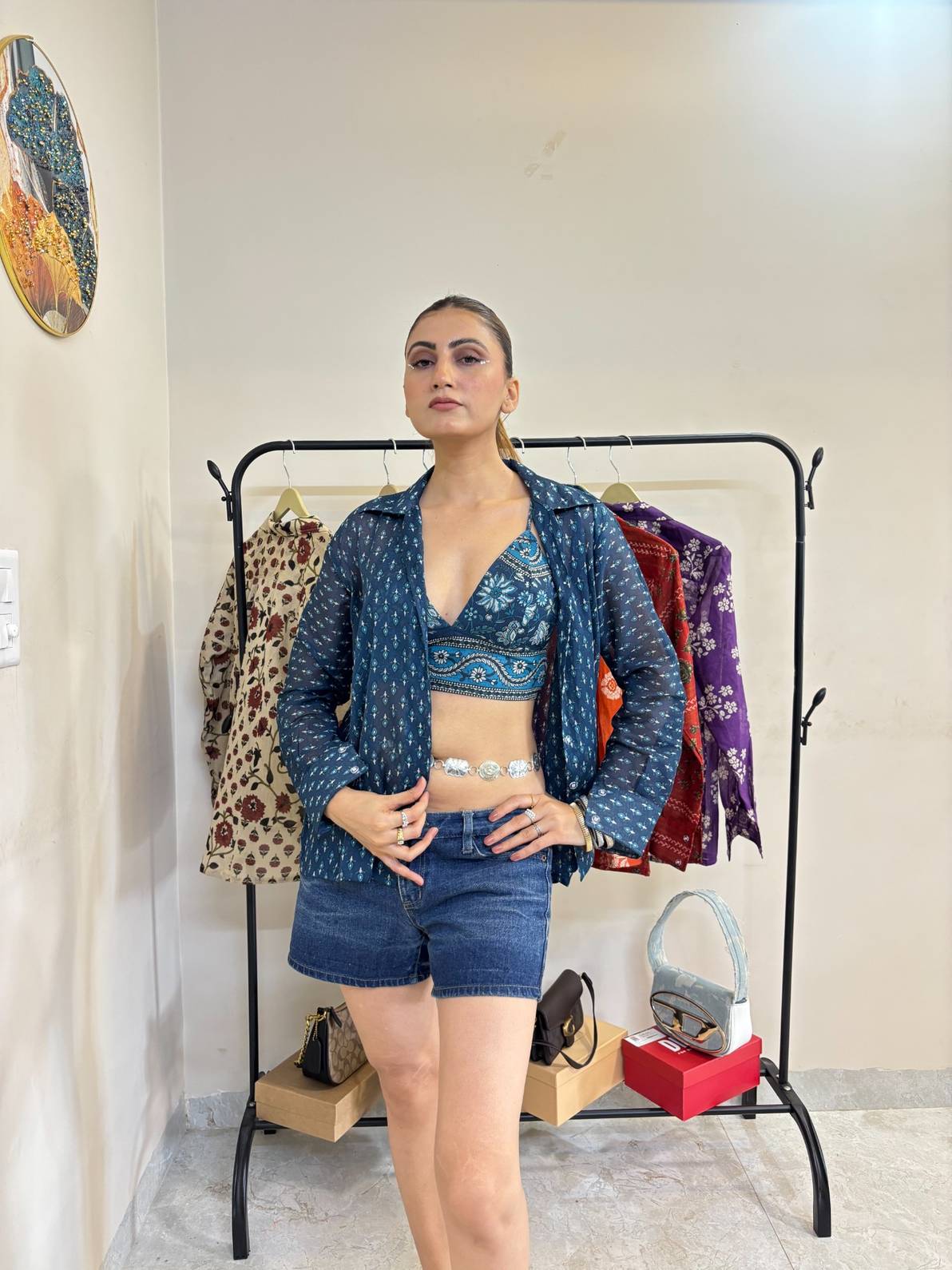 Indigo Motif Mul Shirt and Bra Combo - KJ10457
