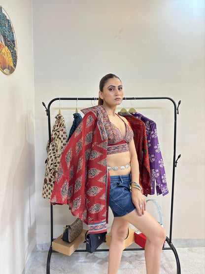 Maroon Blue Ajrakh Paisley Mul Shirt and Maroon Ajrakh Print Bra Combo - KJ10451