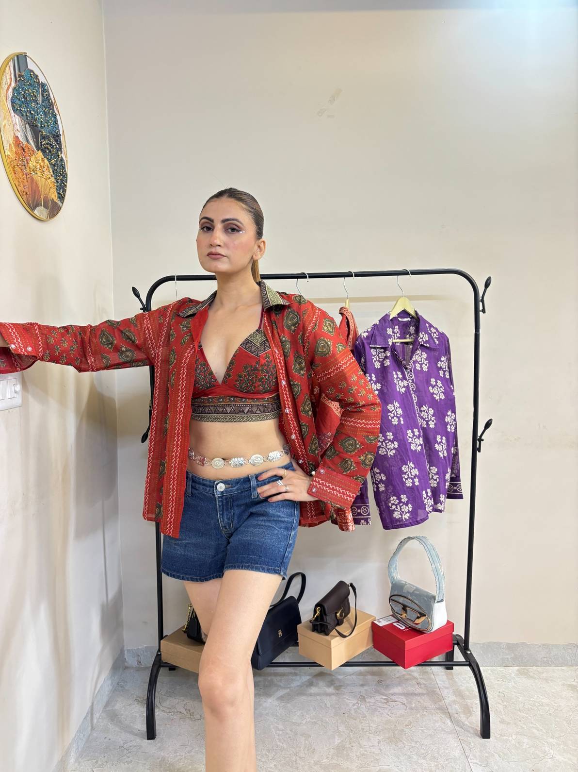 Rust Stripe Butti Mul Shirt and Stripe Butti Print Bra Combo - KJ10452