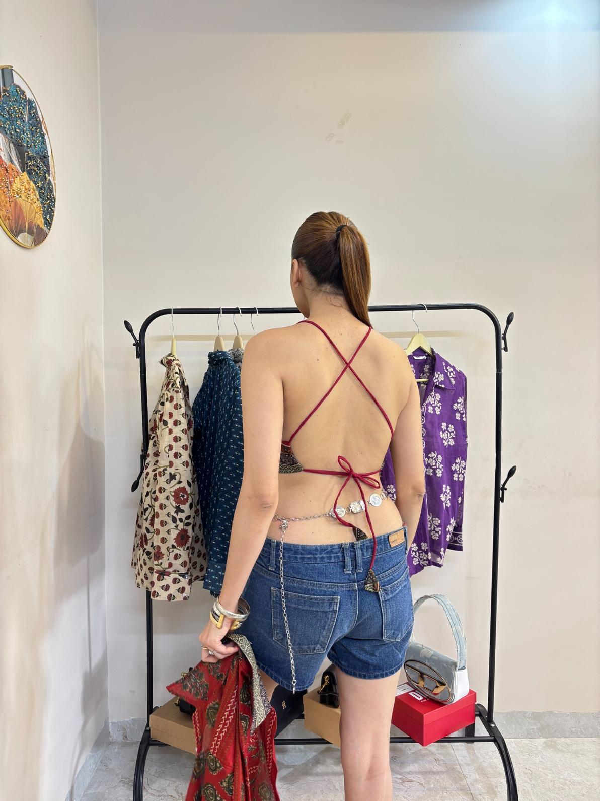 Rust Stripe Butti Mul Shirt and Stripe Butti Print Bra Combo - KJ10452
