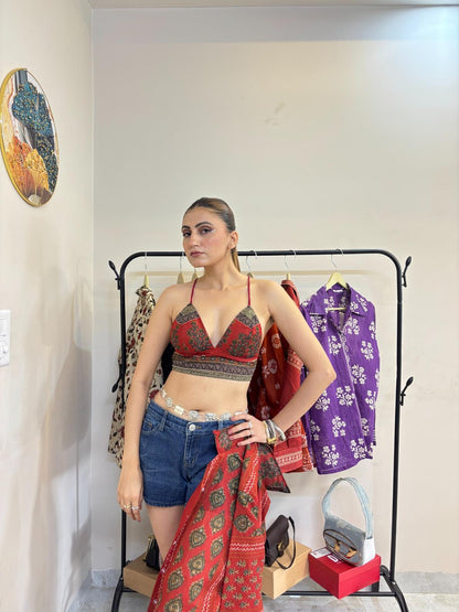 Rust Stripe Butti Mul Shirt and Stripe Butti Print Bra Combo - KJ10452