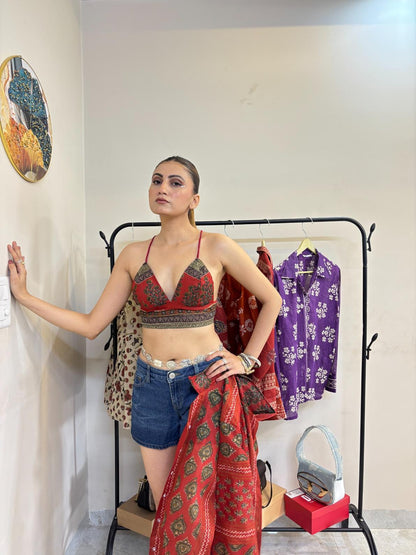 Rust Stripe Butti Mul Shirt and Stripe Butti Print Bra Combo - KJ10452