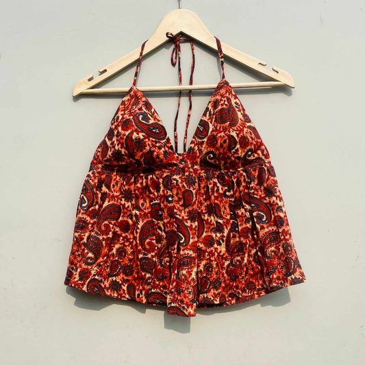 Orange Paisley Tree Halter Neck Cotton Top - KJ0422