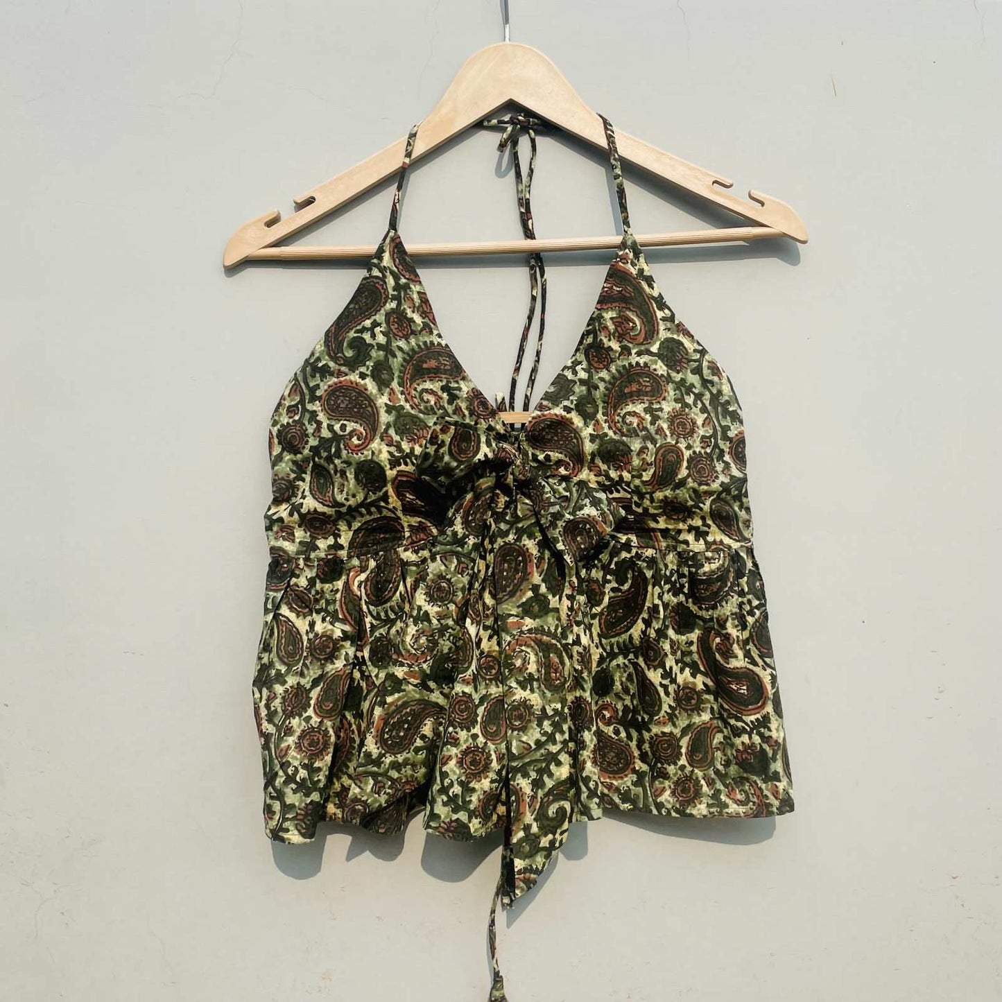 Green Paisley Front Knot Halter Neck Top - KJ0261 ( Clearance Sale )
