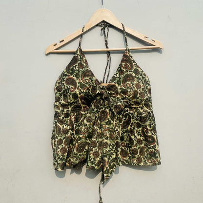 Green Paisley Front Knot Halter Neck Top - KJ0261 ( Clearance Sale )