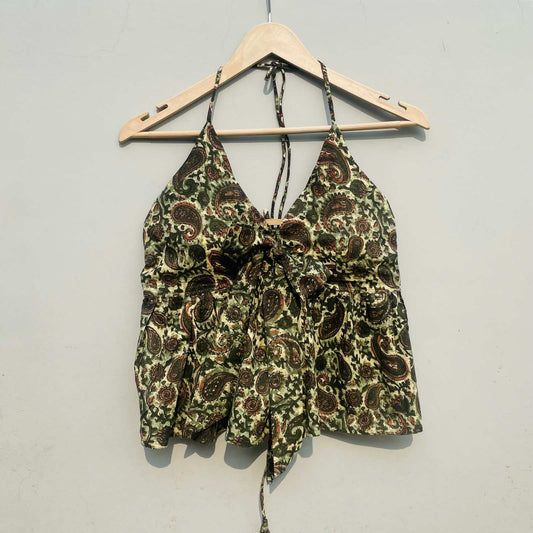 Green Paisley Front Knot Halter Neck Top - KJ0261 ( Clearance Sale )