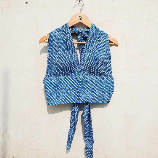 Blue Lehariya Back Knot and Halter Neck Padded Cotton Top - KJ0008