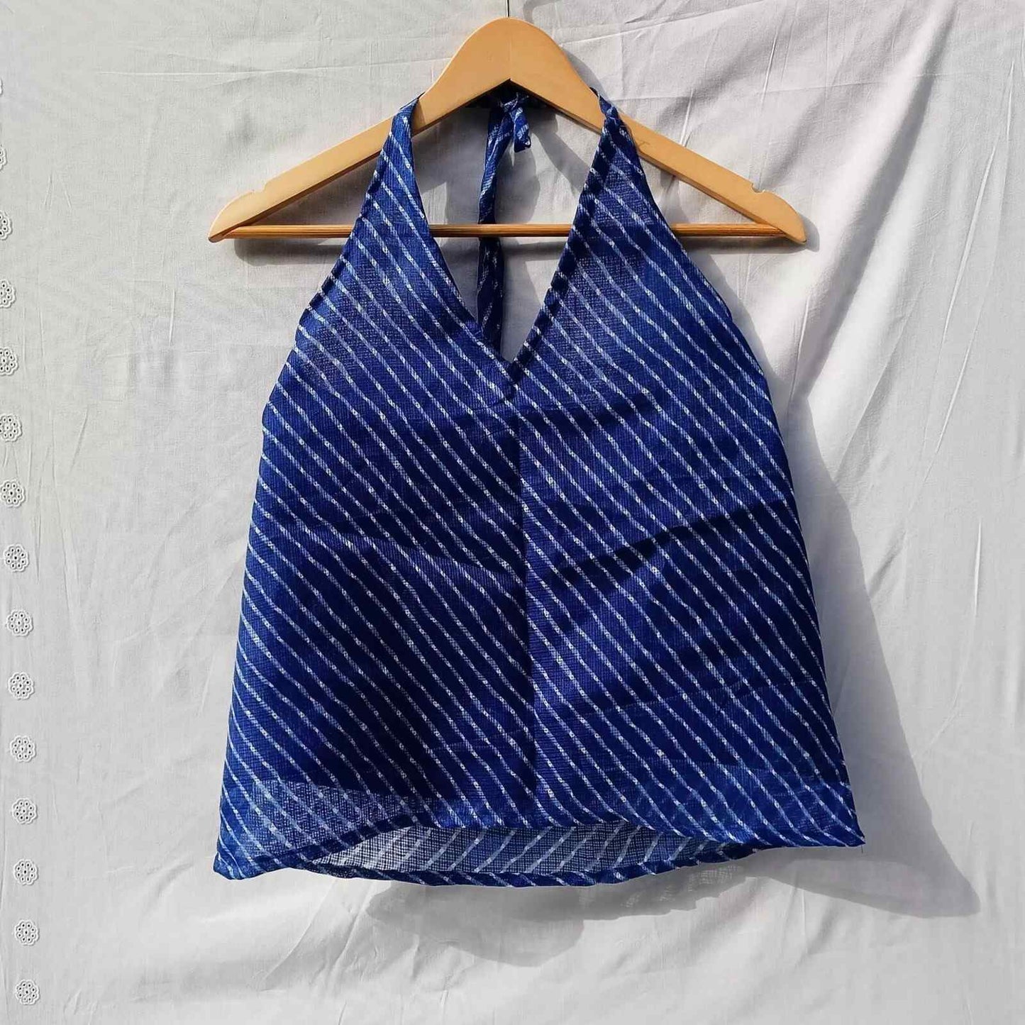 Blue Lehariya Halter Neck Kota Doria Top - KJ0020