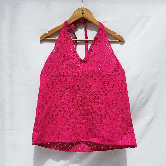 Magenta Chikan Halter Neck Cotton Top - KJ0022