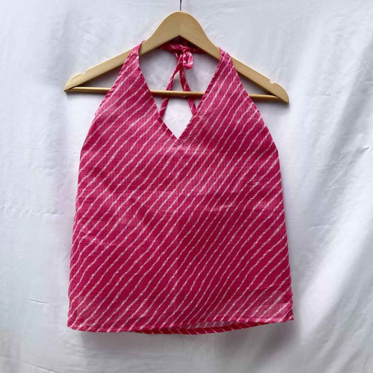 Pink Lehariya Halter Neck Kota Doria Top - KJ0023