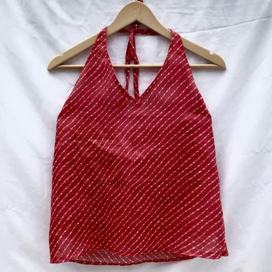 Red Lehariya Halter Neck Kota Doria Top - KJ0024