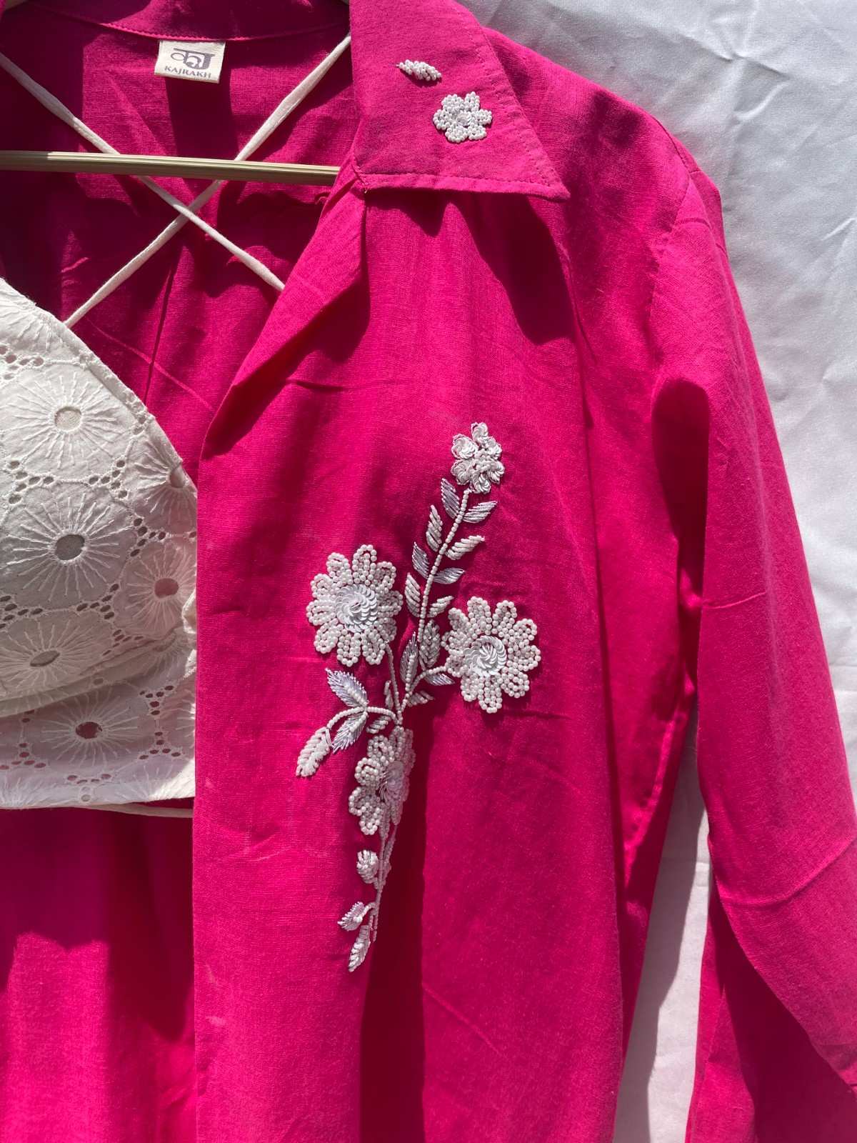 Pink Embroidery Shirt & White Chikan Bra Combo - KJ0223