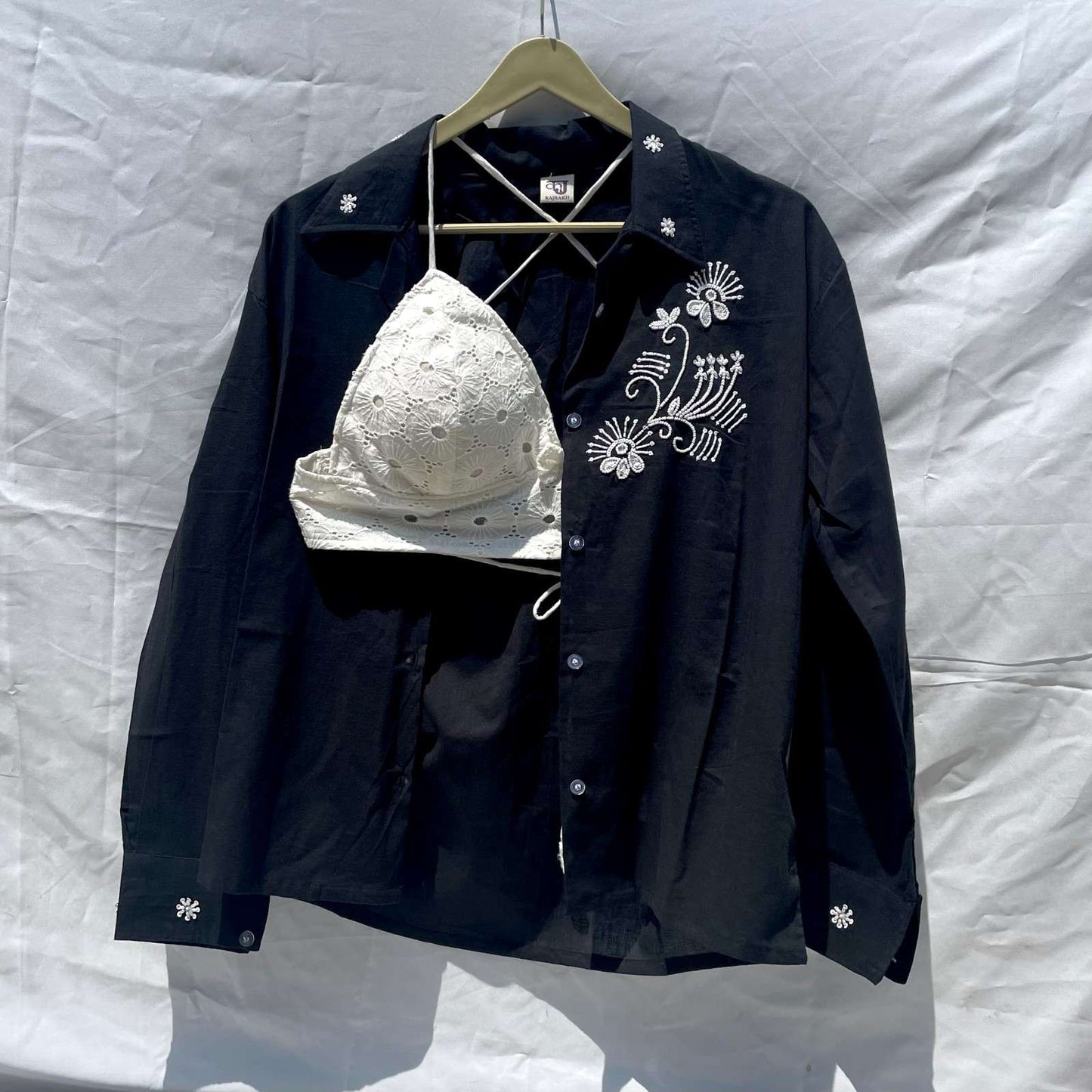Black Embroidery Shirt & White Chikan Bra Combo - KJ0225