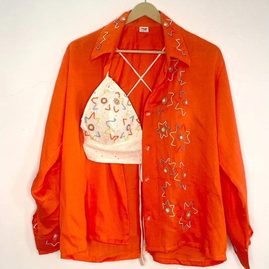 Orange Embroidery Shirt & Chikan Handwork Bra Combo - KJ0231