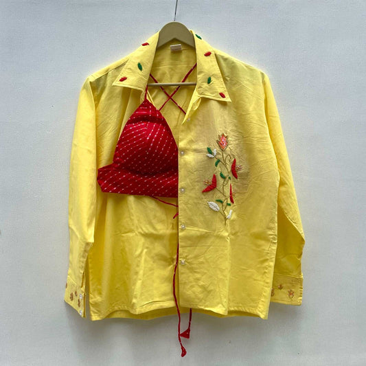 Yellow Embroidery Shirt & Red Lehariya Bra Combo - KJ0229